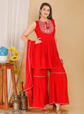 Red rayon kurta set with sharara and dupatta: Women's A-line sleveless kurti, sharara, and dupatta for festive, casual, or office wear. Lightweight, soft rayon fabric." (124 characters)
