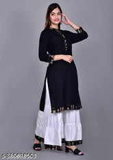 Women's ethnic premium rayon kurta and sharara set, solid net three-quarter sleeve ensemble in various sizes (S-XXXXL), origin India