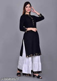 Women's ethnic premium rayon kurta and sharara set, solid net three-quarter sleeve ensemble in various sizes (S-XXXXL), origin India