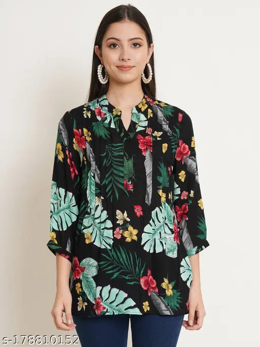 Black viscose rayon longline top, women's mandarin collar with printed leaf design on three-quarter sleeves. Plus size black longline top for S to 6XL bust sizes