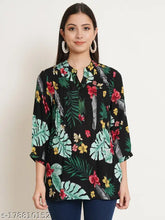Black viscose rayon longline top, women's mandarin collar with printed leaf design on three-quarter sleeves. Plus size black longline top for S to 6XL bust sizes