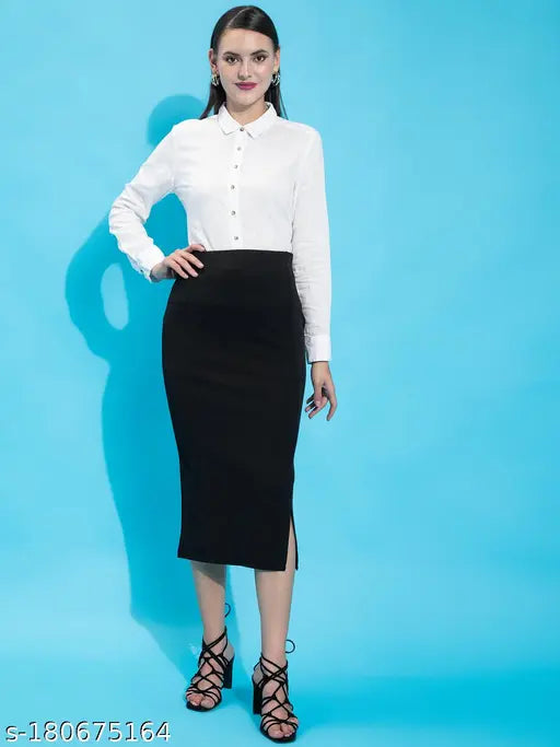 Black polyester pencil skirt with side, solid design for women's fashion, size 26/28/30/32/34 inches waist/hip/length