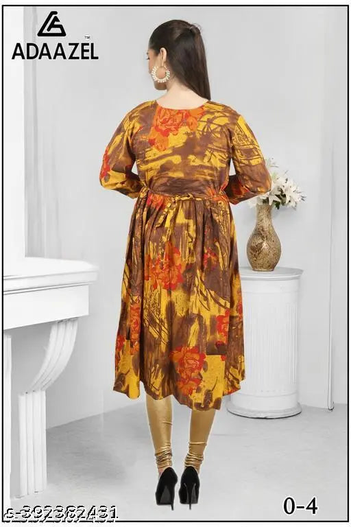 Gold Rayon Printed Umbrella with Three-Quarter Sleeves - L (Bust Size: 40in), XL (Bust Size: 42in), XXL (Bust Size: 44in) - Made in India