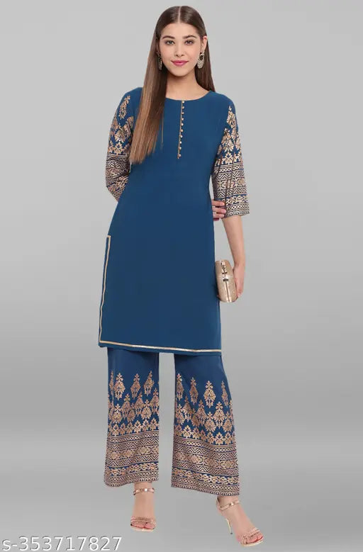 Teal poly crepe printed kurti with palazzos - Indian women's fashion outfit