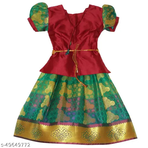 Cotton silk Lavanya Pattu girl's lehanga choli with net dupatta, printed pattern and short sleeves. Indian traditional fancy kids wear, size 6-8 years