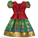 Cotton silk Lavanya Pattu girl's lehanga choli with net dupatta, printed pattern and short sleeves. Indian traditional fancy kids wear, size 6-8 years