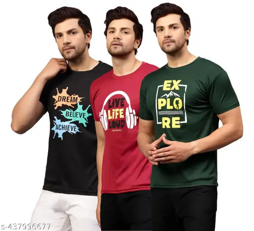 Trendy dri-fit printed men's t-shirts, polyester, short sleeves, pack of 3 in M, L, XL & XXL for sporty cool style, India origin