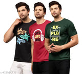 Trendy dri-fit printed men's t-shirts, polyester, short sleeves, pack of 3 in M, L, XL & XXL for sporty cool style, India origin