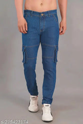 Nivasu blue denim cargo jogger for men - Solid blue denim men's clothing, size 28/30/32/34/36 on display