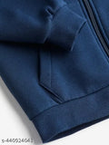 Runstars Kids Navy Solid Cotton Fleece Hoodie, navy blue cotton blend hoodie with long sleeves, zip front, kangaroo pockets, and ribbed cuffs & hem, suitable for 3-14 year-olds, made in India