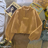 Trendy new women's wool crop sweatshirt, solid pattern, long sleeves, size M (bust 38in, length 20in), made in India