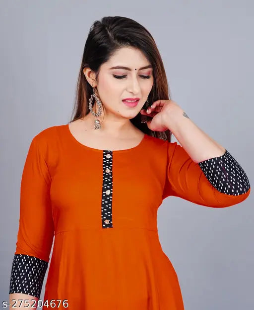 Unique Stylist women's solid printed round pleated flared kurti (orange) - rayon, 3/4 sleeves, hand washable, suitable for casual and formal occasions, size: XS-XXXL