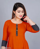 Unique Stylist women's solid printed round pleated flared kurti (orange) - rayon, 3/4 sleeves, hand washable, suitable for casual and formal occasions, size: XS-XXXL