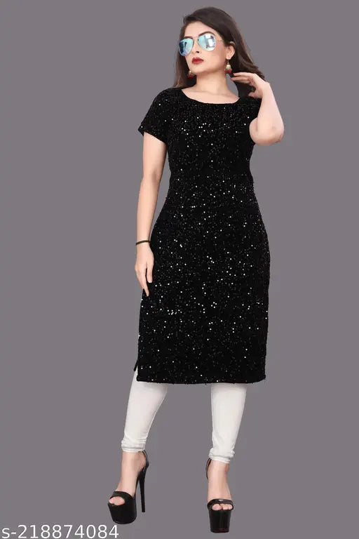 Velvet embellished short sleeve kurti in N-11 pattern, single sizes S-XL, handcrafted from India
