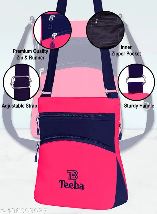 Polyester selling bag with 2 compartments, free size, self-designed pattern. Bag displayed on a flat surface