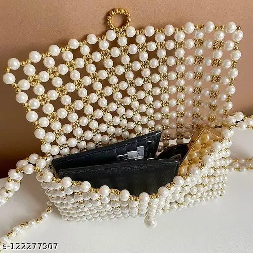 Luxury white pearl hand-woven shoulder/crossbody bag for women, free size (6in x 8in), elegant and unique design, made in India