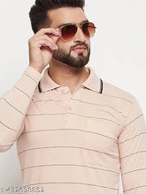 Nuovo men's striped cotton blend slim fit polo t-shirt, short sleeves, striped pattern, M size (38in chest, 26.5in length), made in India