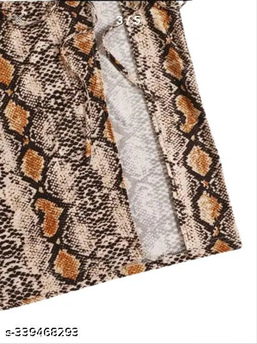 Multicolor snake print ruch midi skirt with adjustable drawstrings, soft polyester fabric for comfort. High-waisted style with a slit, suitable for night outs or casual gatherings. Made in India. (125 characters)
