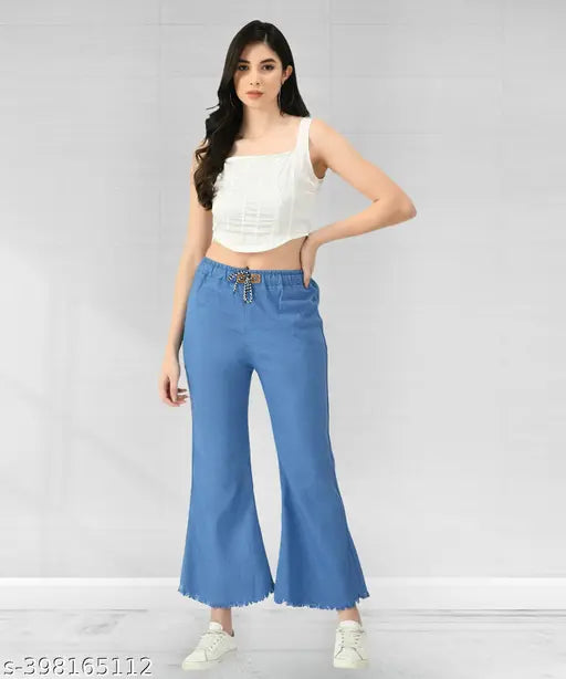 Light Blue Stretchable Premium Denim Flared Baggy Jeans for Women XL2XL - 100% Indian-made denim, mid waist with ankle cuff and elastic waist
