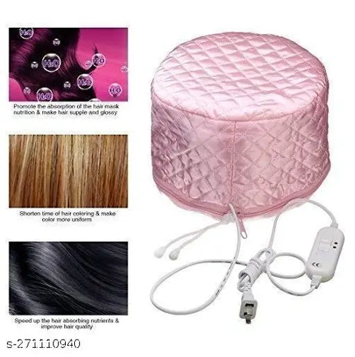Pink cotton spa cap with electric heat therapy, nourishing heating treatment for women's home spa