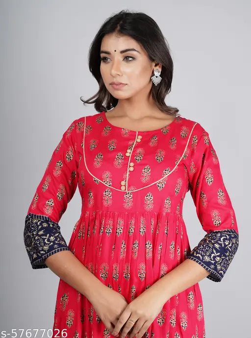 Jaipuri Collection Printed Rayon Flared Kurta, three-quarter sleeves, vibrant Indian fashion for women, size M (38in bust), colorful traditional kurta on mannequin