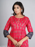 Jaipuri Collection Printed Rayon Flared Kurta, three-quarter sleeves, vibrant Indian fashion for women, size M (38in bust), colorful traditional kurta on mannequin