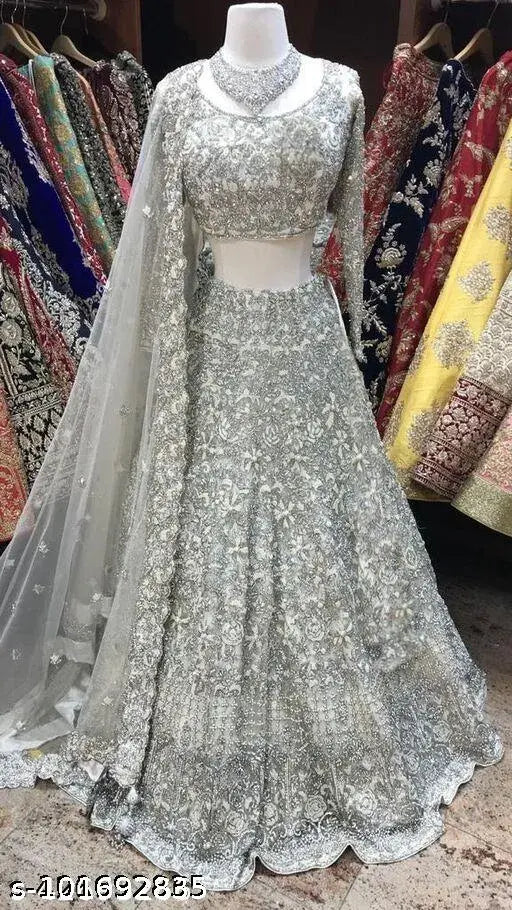 Trendy net lehenga, choli, and dupatta with embroidered top & lace dupatta, Indian fashionwear free size (waist 44in, length 42in, dupatta 2m)