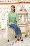 Rayon three-quarter sleeve tunic, fancy glamorous partywear for women. Printed combo in L (Bust 40in, Length 26in), XL (Bust 42in, Length 26in), XXL (Bust 44in, Length 26in). Bhairav Fashion India