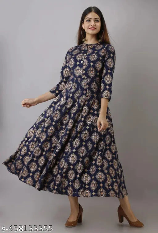 Rayon three-quarter sleeve printed kurti, deep creck fashion for women and girls, self-designed cotton woven design net knee length dress with belt