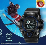 Mens multi-function digital waterproof watch, black plastic dial with rubber strap, outdoor sports military style