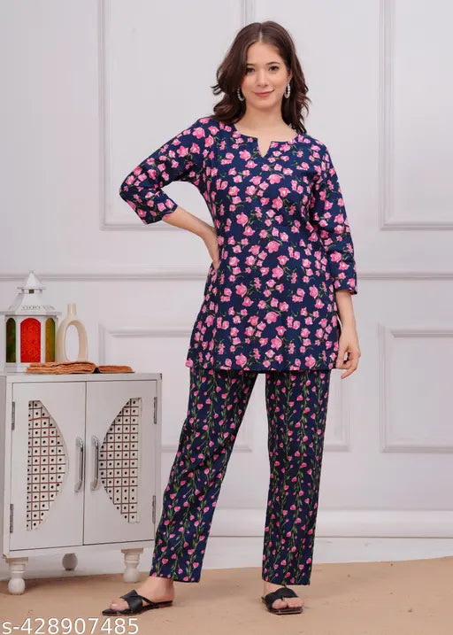Dark blue pure cotton night suit with pink flower hand print, Jaipuri Blossom design for women's lounging or sleepwear, Indian craftsmanship
