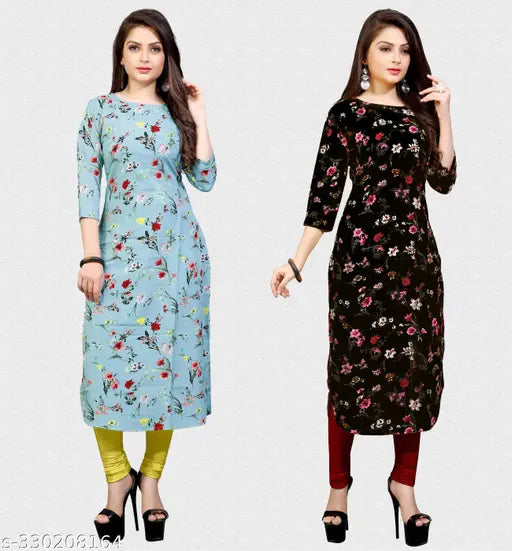 Latest trending printed crepe kurtis with three-quarter sleeves, Indian fashion on mannequin