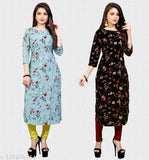 Latest trending printed crepe kurtis with three-quarter sleeves, Indian fashion on mannequin