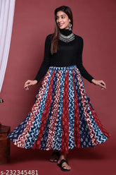 Multi-colored cotton printed party skirt for women, casual and trendy, comfortable daily wear with tie-up detail, flared hem, size 38/28x39 (India)