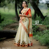 Kerala Style printed poly silk-tissue Dhavani Lehenga Set, featuring golden tissue mural print blouse and skirt (44in/45in)