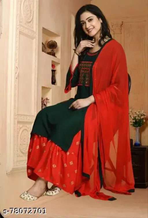 Rayon embroidered dupatta set for women, three-quarter sleeves, Indian fashionable kurta with bottomwear, M/L/XL sizes available