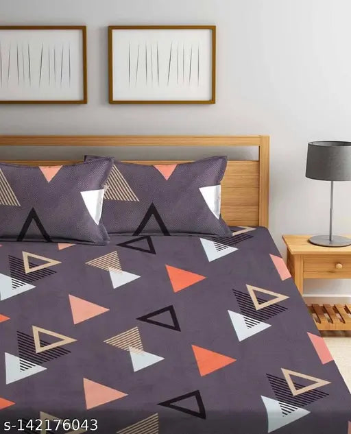 Grey Amrange 220TC glace cotton double bedsheet & 2 pillow covers - super fine quality, geometric pattern, suitable for adults during summer