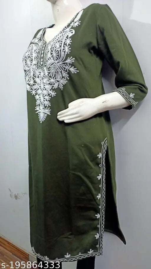 Olive green & white embroidered wool kurti for women, trendy & eye-catching, ideal for day, wedding, casual, office or evening wear