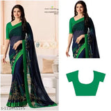 Solid white, yellow black Georgette printed Banarasi saree with separate blouse piece