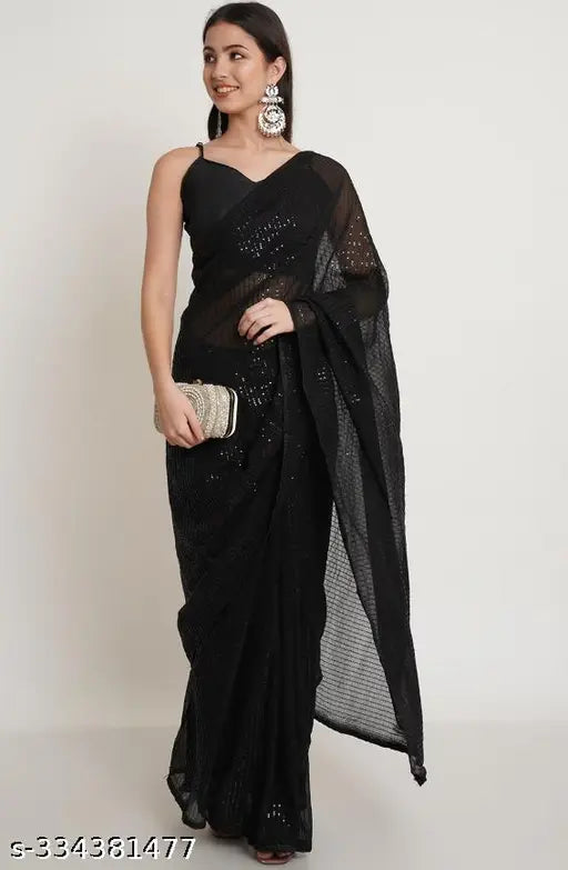 Black Georgette Sequince trending saree with embellished separate blouse, traditional Indian attire
