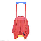 Red waterproof trolley bag with Spider-Men print, features two main compartments and pencil pouch. Durable polyester net material, suitable for school essentials. Adjustable shoulder straps with mesh and cushion padding. Water-resistant, easy to carry, and suitable for kids aged 2-8 years old. Dimensions: 35 cm (L) x 24 cm (W) x 35 cm (H). Made in India