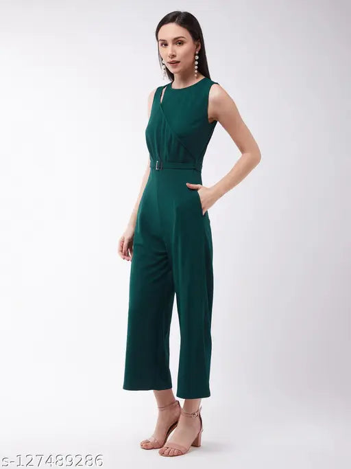 Green polyester sleeveless jumpsuit by Miss Chase, wide-leg style with round neck, zip closure and pockets