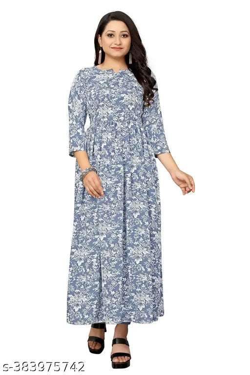 Floral print crepe Anarkali kurtis, three-quarter sleeves, S-XXXL sizes, Indian craftsmanship