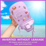 Purple motivational fitness water bottle, 1500ml capacity, leak-proof, suitable for kids, outdoor activities, gym, travel, features inspirational words, time stamps, and 3D stickers