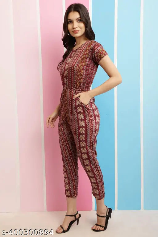 Printed rayon jumpsuit for women and girls, short sleeves with vibrant pattern, available in sizes S, M, L