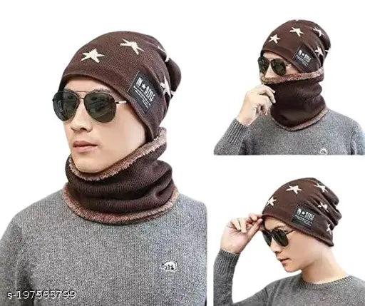 Stylish wool acrylic capneck scarf with fur interior (men/women), solid pattern, keeps head, ears, face, neck warm