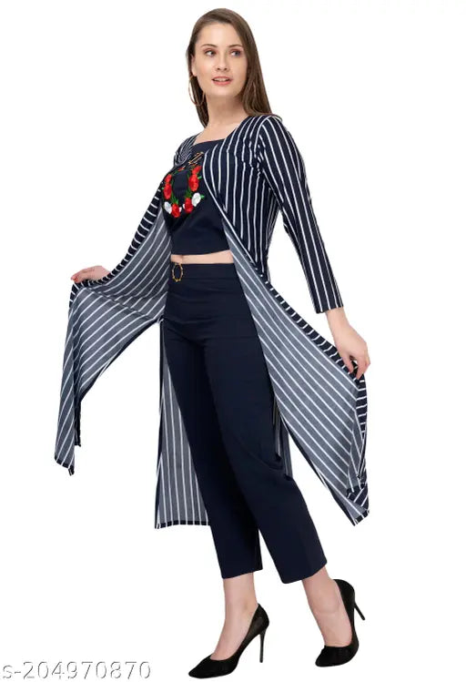 Navy blue striped cotton blend shrug set with embroidered top and full-length pants, three-quarter sleeves
