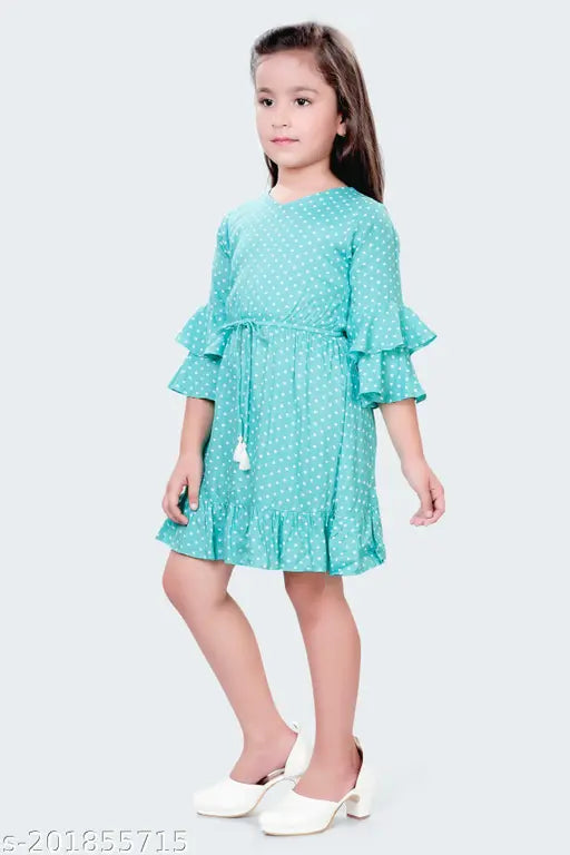 Green cotton midi dress for girls, 3/4 sleeve self-design net, lining inside, zipper back with fashionable knots, India origin
