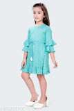 Green cotton midi dress for girls, 3/4 sleeve self-design net, lining inside, zipper back with fashionable knots, India origin