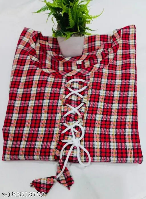 Stylish red multicolor woolen kurti only, three-quarter sleeves, checked pattern. Women's ethnic wear for women and girls, high-quality Indian fabric
